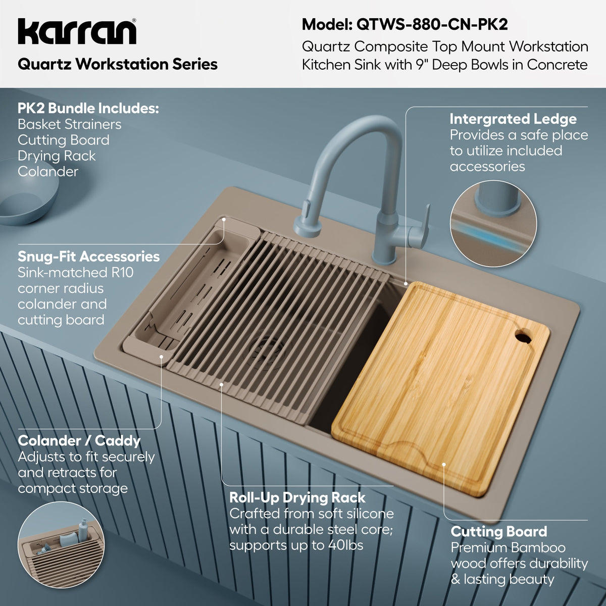 33" Top Mount Double Bowl Quartz Kitchen Sink Kit In Concrete
