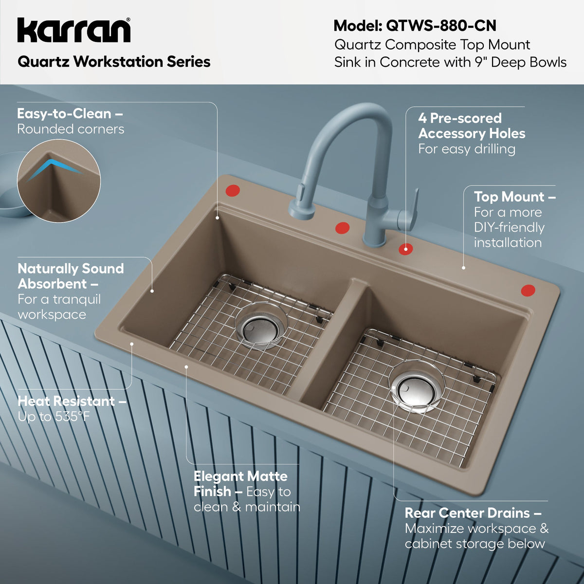33" Top Mount Double Equal Bowl Quartz Composite Workstation Kitchen Sink In Concrete