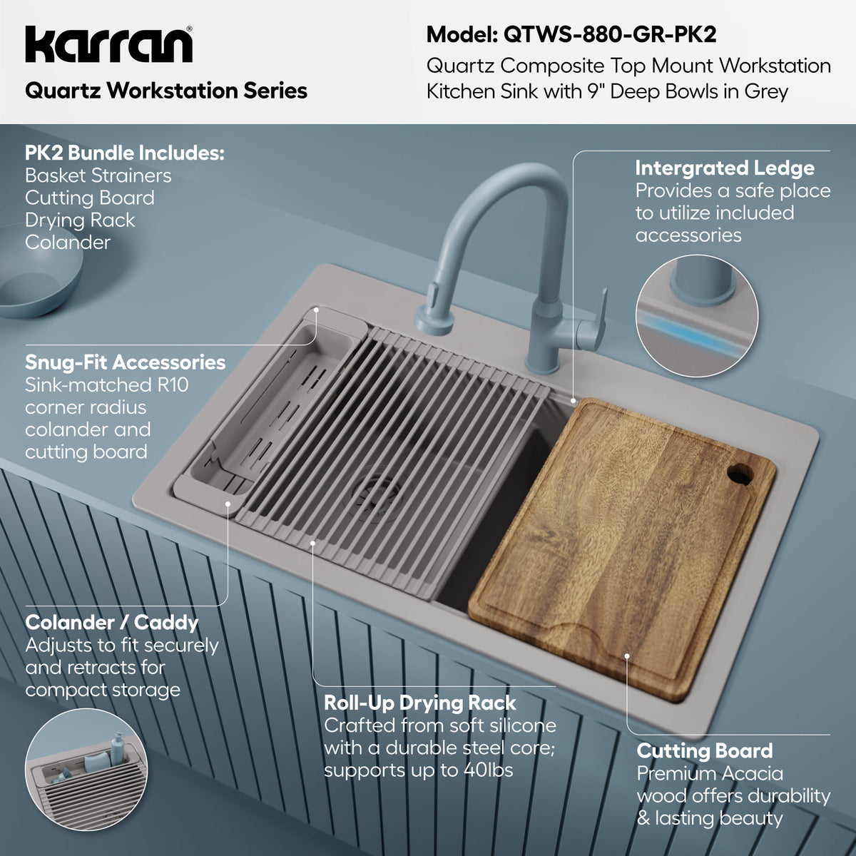 33" Top Mount Double Bowl Quartz Kitchen Sink Kit In Grey