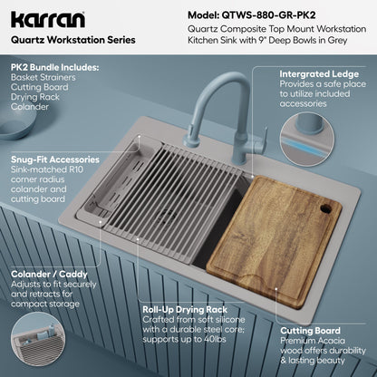 33" Top Mount Double Bowl Quartz Kitchen Sink Kit In Grey