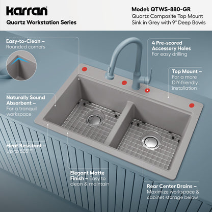 33" Top Mount Double Equal Bowl Quartz Composite Workstation Kitchen Sink In Grey