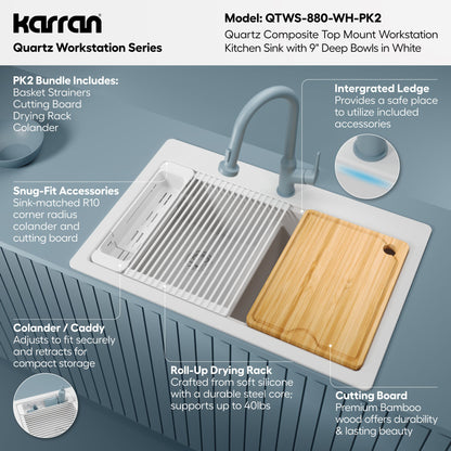 33" Top Mount Double Bowl Quartz Kitchen Sink Kit In White