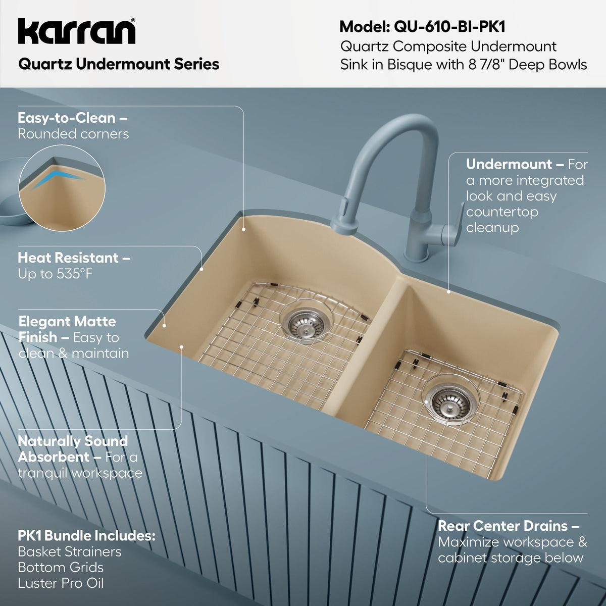 32-1/4" Undermount Double Offset Bowl Quartz Composite Kitchen Sink Kit In Bisque