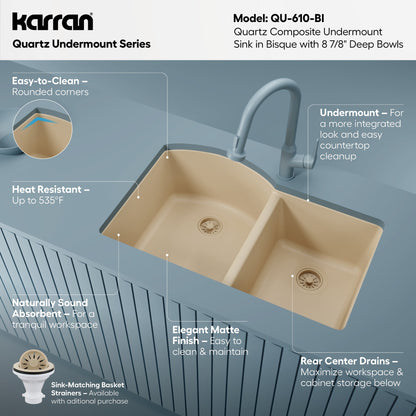 32-1/4" Undermount Double Offset Bowl Quartz Composite Kitchen Sink In Bisque