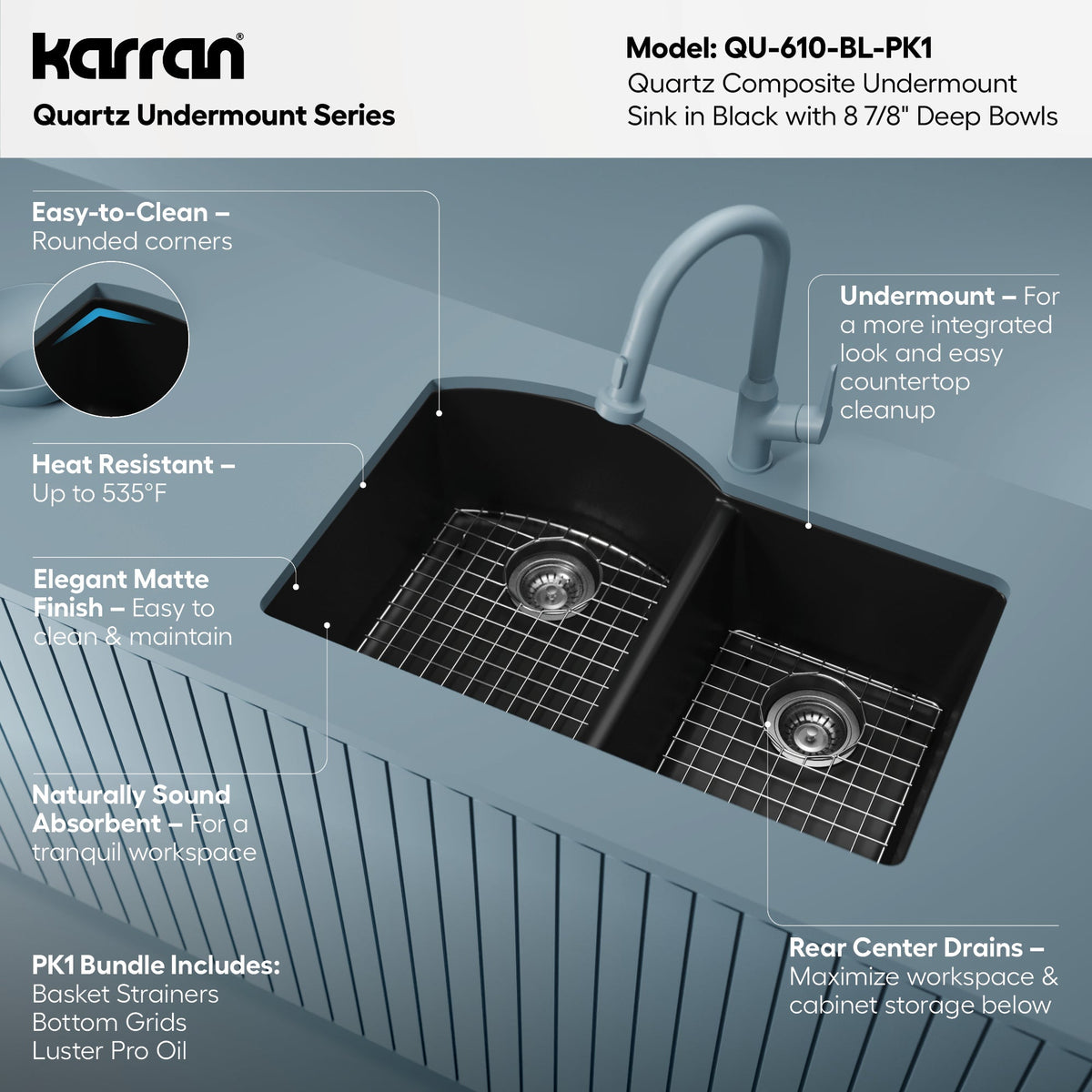 32-1/4" Undermount Double Offset Bowl Quartz Composite Kitchen Sink Kit In Black
