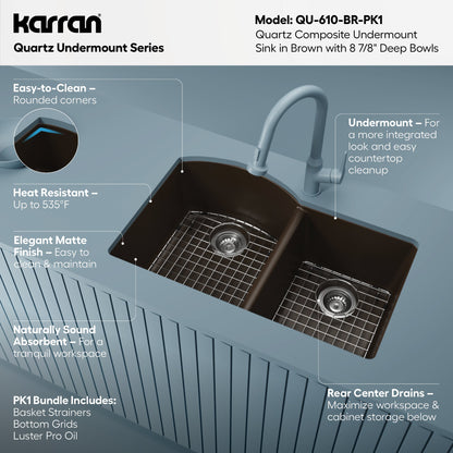 32-1/4" Undermount Double Offset Bowl Quartz Composite Kitchen Sink Kit In Brown