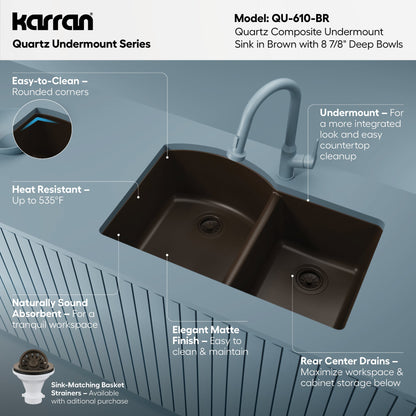 32-1/4" Undermount Double Offset Bowl Quartz Composite Kitchen Sink In Brown