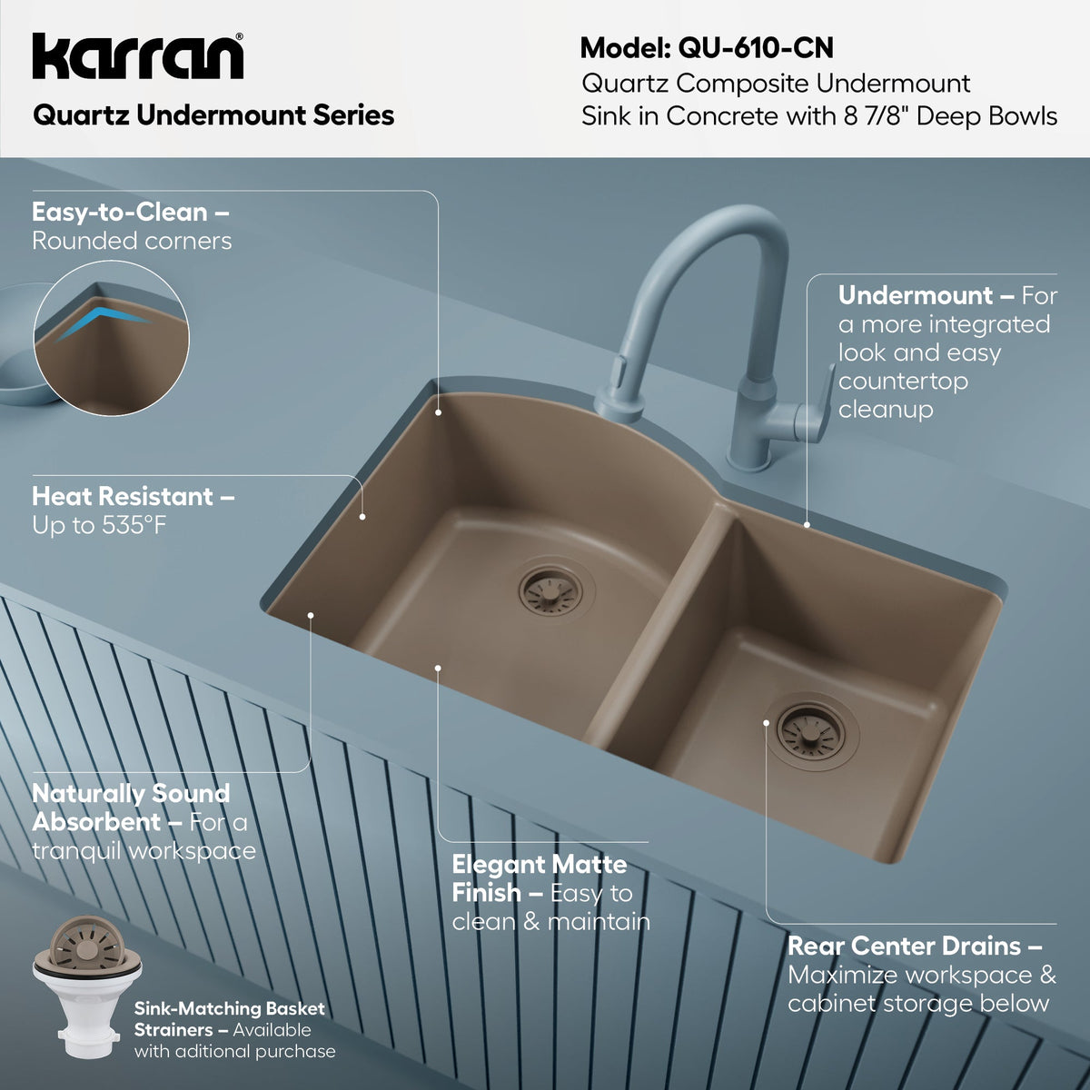 32-1/4" Undermount Double Offset Bowl Quartz Composite Kitchen Sink In Concrete