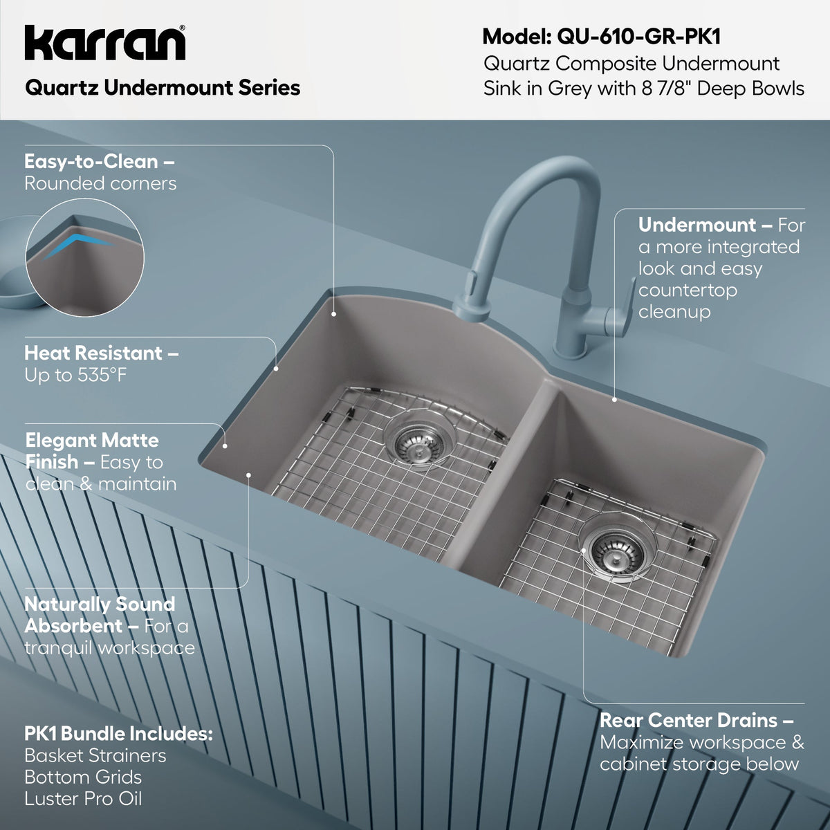 32-1/4" Undermount Double Offset Bowl Quartz Composite Kitchen Sink Kit In Grey