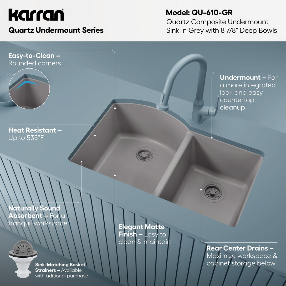 32-1/4" Undermount Double Offset Bowl Quartz Composite Kitchen Sink In Grey