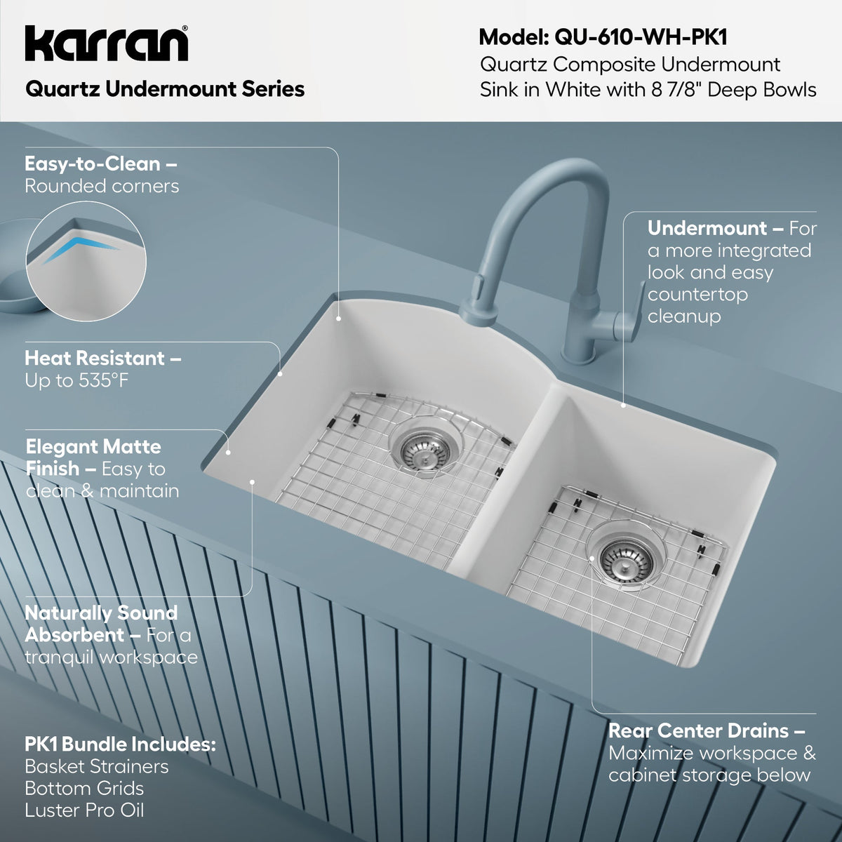 32-1/4" Undermount Double Offset Bowl Quartz Composite Kitchen Sink Kit In White