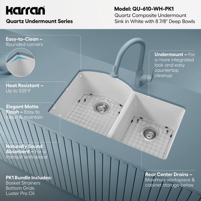 32-1/4" Undermount Double Offset Bowl Quartz Composite Kitchen Sink Kit In White