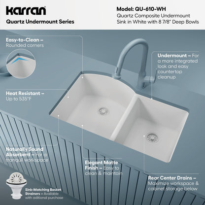 32-1/4" Undermount Double Offset Bowl Quartz Composite Kitchen Sink In White