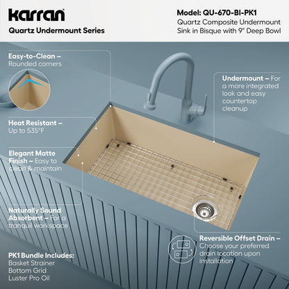 31-5/8" Undermount Large Single Bowl Quartz Composite Kitchen Sink Kit In Bisque