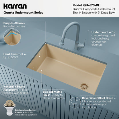 31-5/8" Undermount Large Single Bowl Quartz Composite Kitchen Sink In Bisque