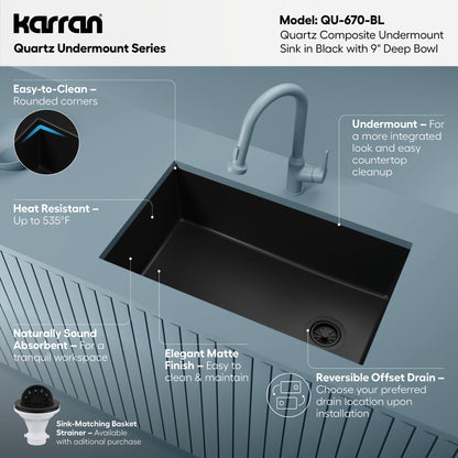 31-5/8" Undermount Large Single Bowl Quartz Composite Kitchen Sink In Black