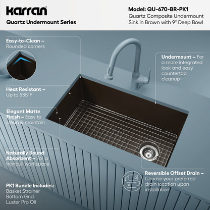 31-5/8" Undermount Large Single Bowl Quartz Composite Kitchen Sink Kit In Brown