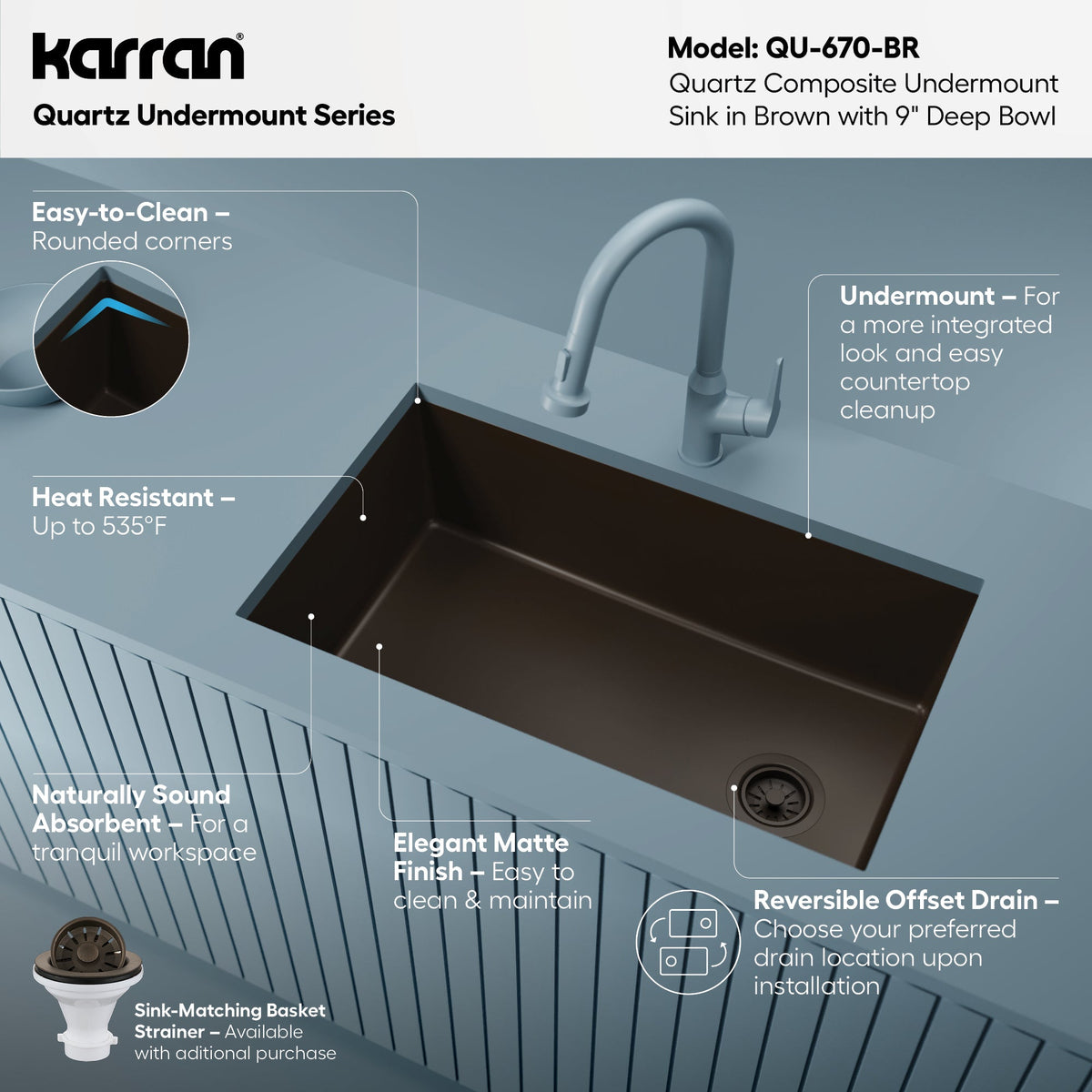 31-5/8" Undermount Large Single Bowl Quartz Composite Kitchen Sink In Brown