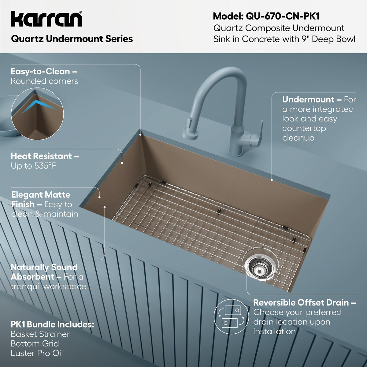 31-5/8" Undermount Large Single Bowl Quartz Composite Kitchen Sink Kit In Concrete
