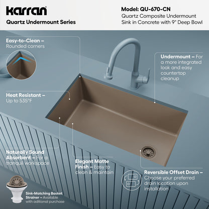 31-5/8" Undermount Large Single Bowl Quartz Composite Kitchen Sink In Concrete