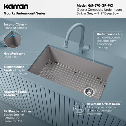 31-5/8" Undermount Large Single Bowl Quartz Composite Kitchen Sink Kit In Grey