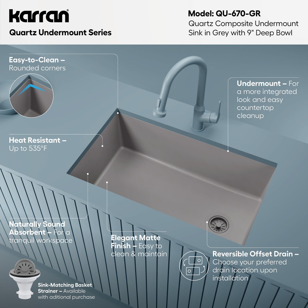 31-5/8" Undermount Large Single Bowl Quartz Composite Kitchen Sink In Grey