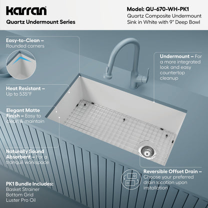 31-5/8" Undermount Large Single Bowl Quartz Composite Kitchen Sink Kit In White