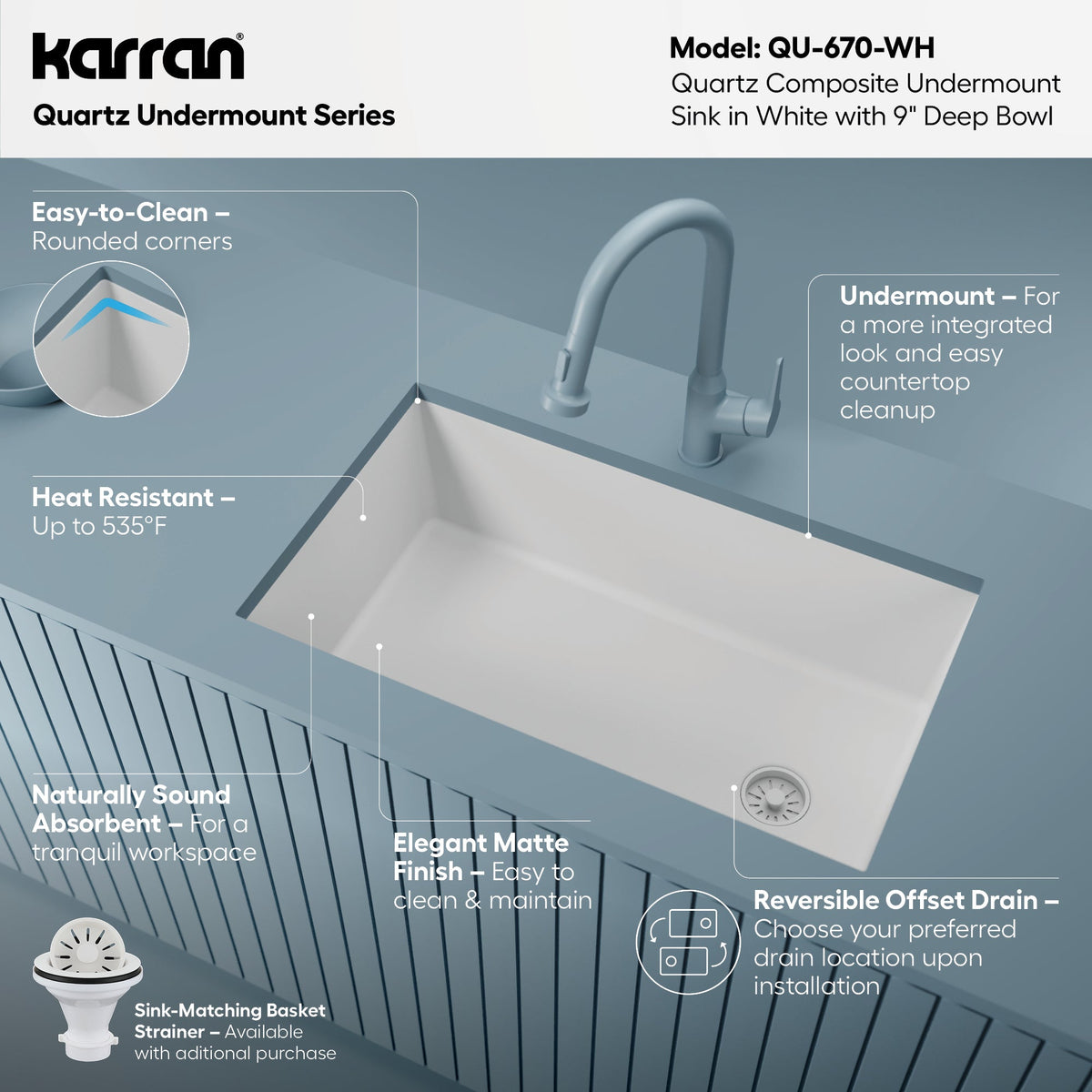 31-5/8" Undermount Large Single Bowl Quartz Composite Kitchen Sink In White