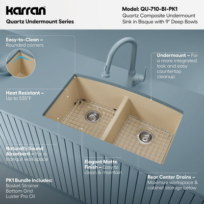 32-1/2" Undermount Double Equal Bowl Quartz Composite Kitchen Sink Kit In Bisque