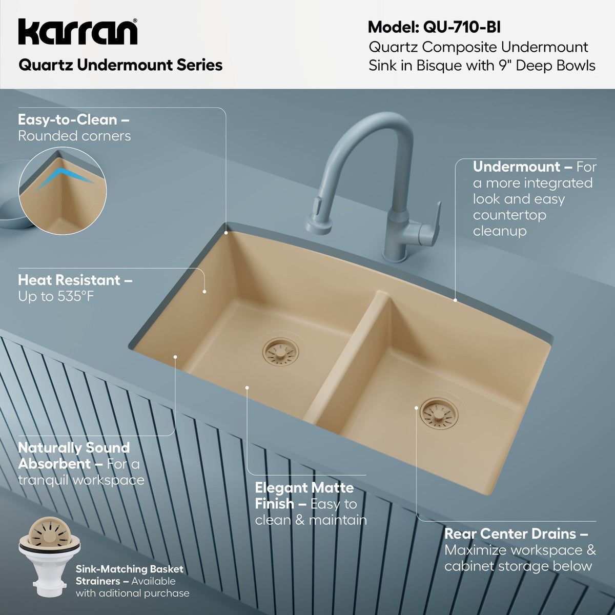 32-1/2" Undermount Double Equal Bowl Quartz Composite Kitchen Sink In Bisque