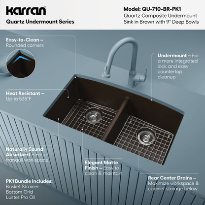 32-1/2" Undermount Double Equal Bowl Quartz Composite Kitchen Sink Kit In Brown