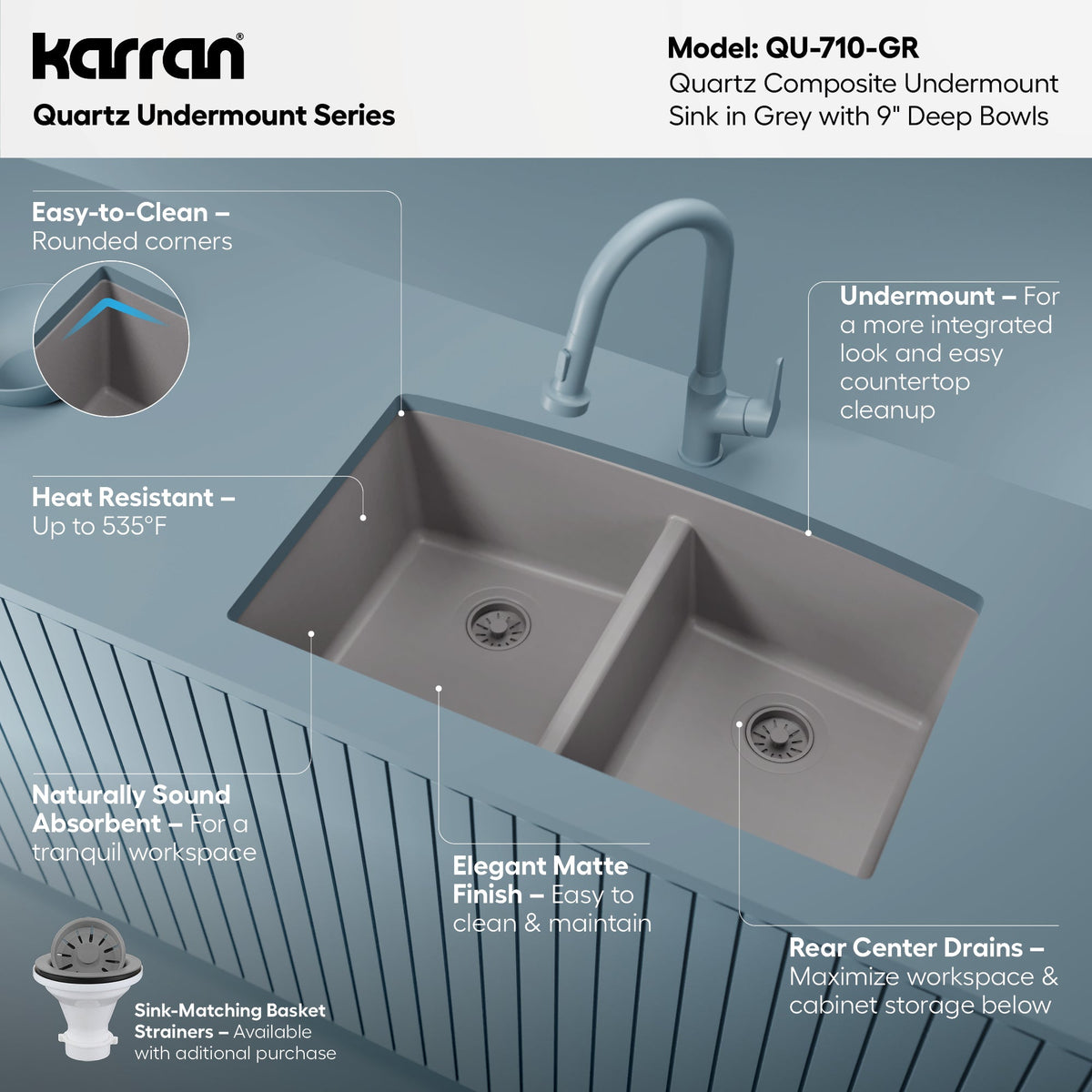 32-1/2" Undermount Double Equal Bowl Quartz Composite Kitchen Sink In Grey