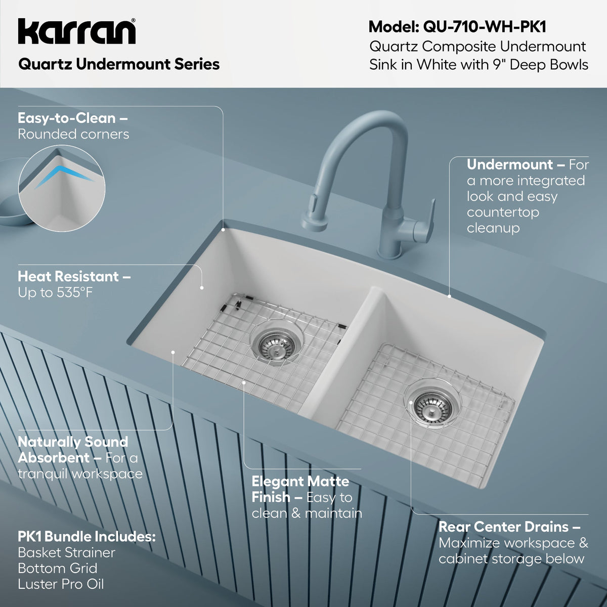 32-1/2" Undermount Double Equal Bowl Quartz Composite Kitchen Sink Kit In White