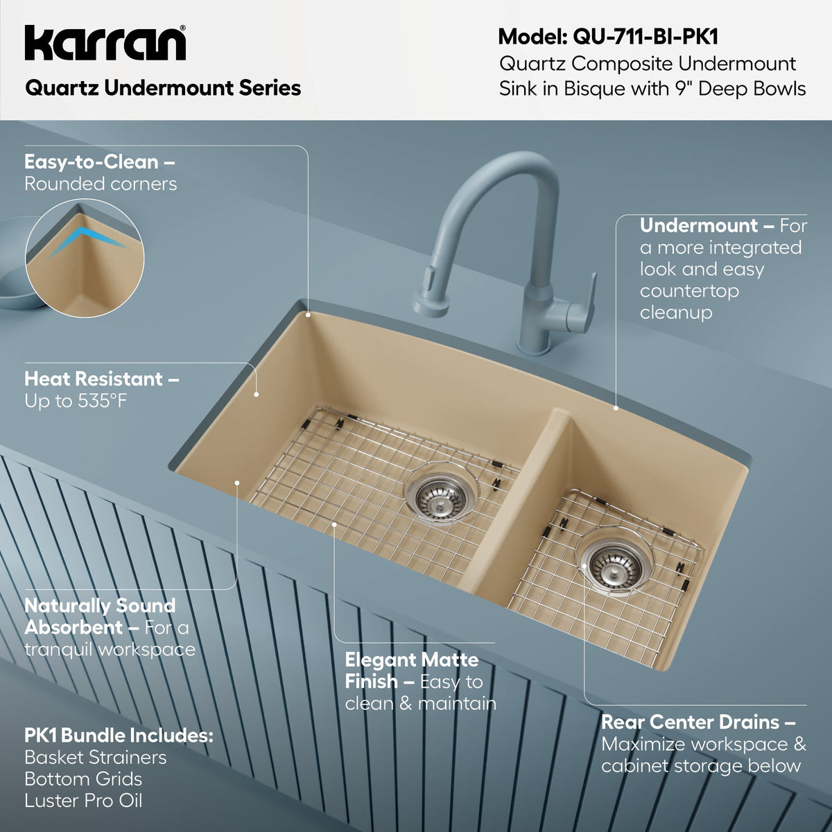 32-1/2" Undermount Double Offset Bowl Quartz Composite Kitchen Sink Kit In Bisque
