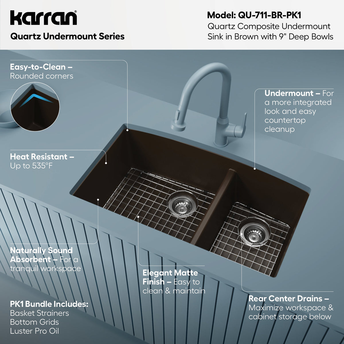 32-1/2" Undermount Double Offset Bowl Quartz Composite Kitchen Sink Kit In Brown