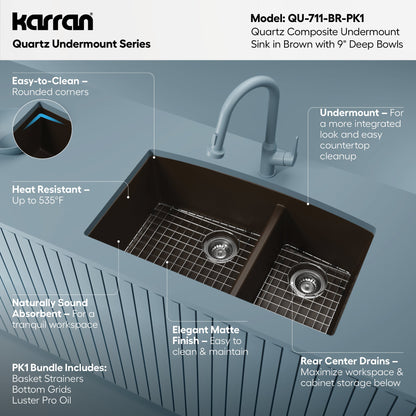 32-1/2" Undermount Double Offset Bowl Quartz Composite Kitchen Sink Kit In Brown