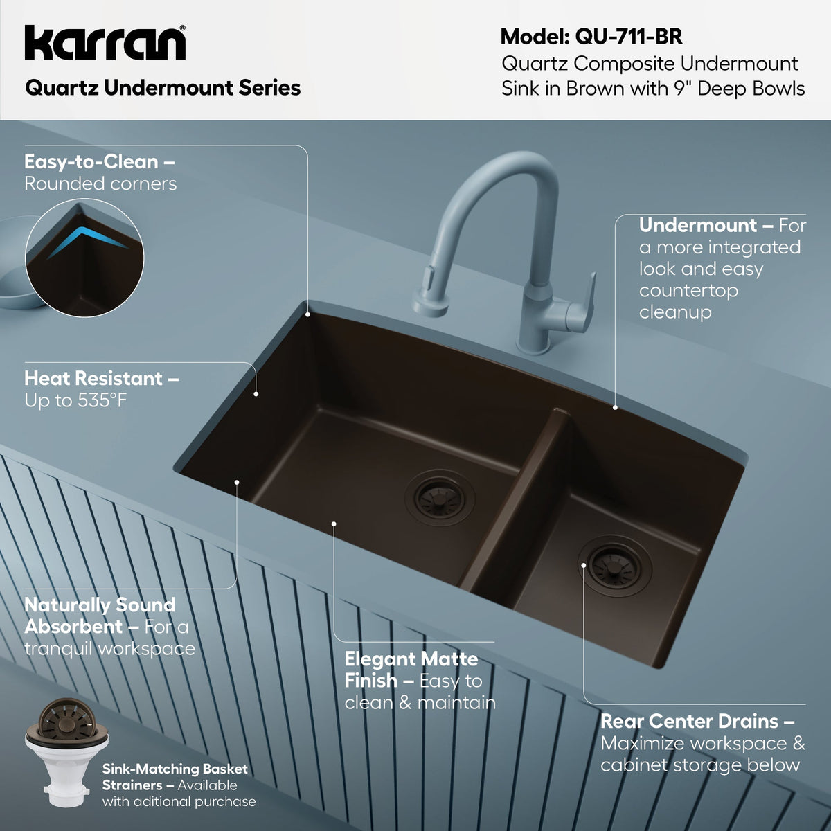 32-1/2" Undermount Double Offset Bowl Quartz Composite Kitchen Sink In Brown