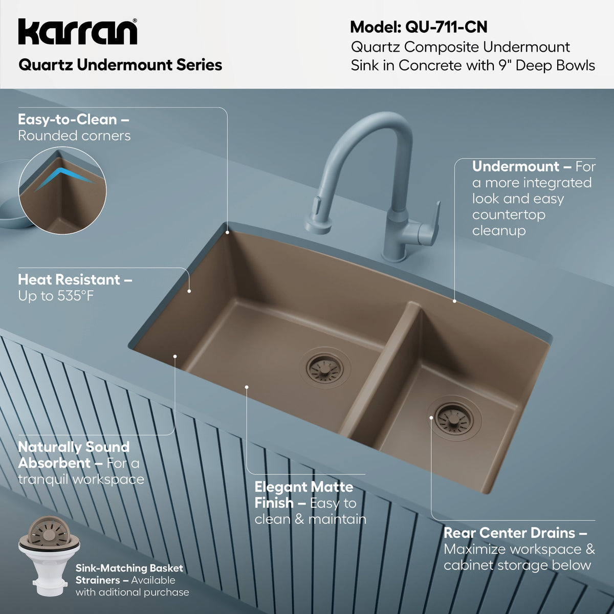 32-1/2" Undermount Double Offset Bowl Quartz Composite Kitchen Sink In Concrete