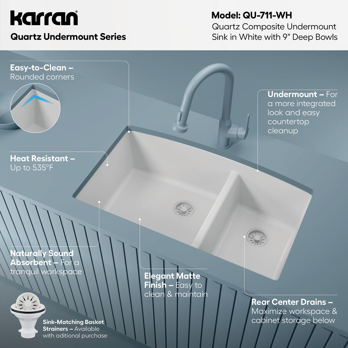 32-1/2" Undermount Double Offset Bowl Quartz Composite Kitchen Sink In White