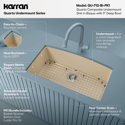 32-1/2" Undermount Large Single Bowl Quartz Composite Kitchen Sink Kit In Bisque