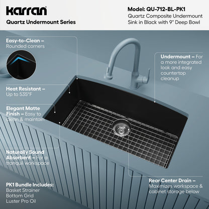 32-1/2" Undermount Large Single Bowl Quartz Composite Kitchen Sink Kit In Black
