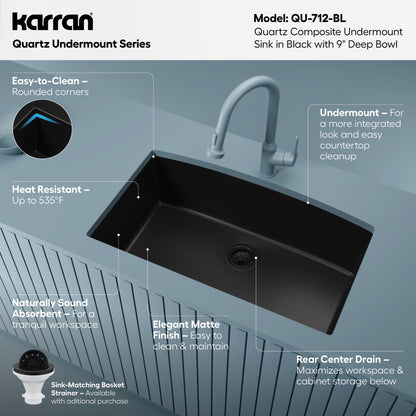 32-1/2" Undermount Large Single Bowl Quartz Composite Kitchen Sink In Black