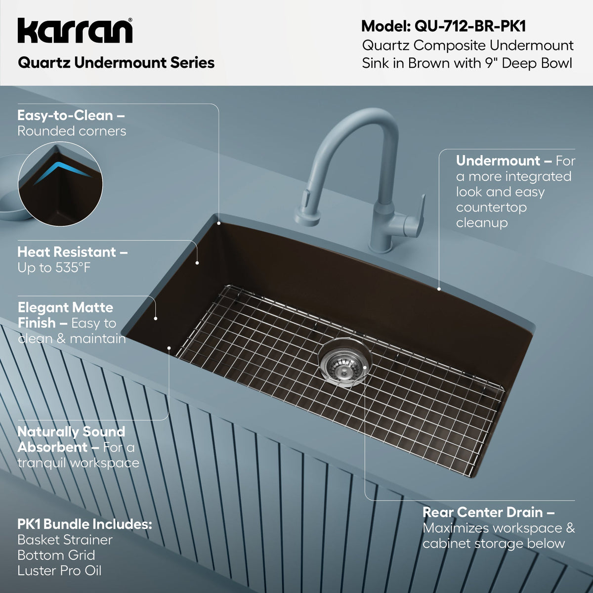 32-1/2" Undermount Large Single Bowl Quartz Composite Kitchen Sink Kit In Brown