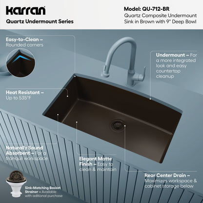 32-1/2" Undermount Large Single Bowl Quartz Composite Kitchen Sink In Brown
