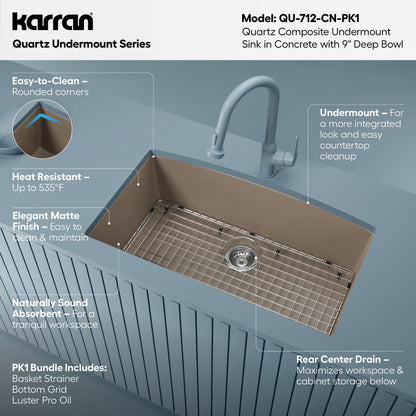 32-1/2" Undermount Large Single Bowl Quartz Composite Kitchen Sink Kit In Concrete