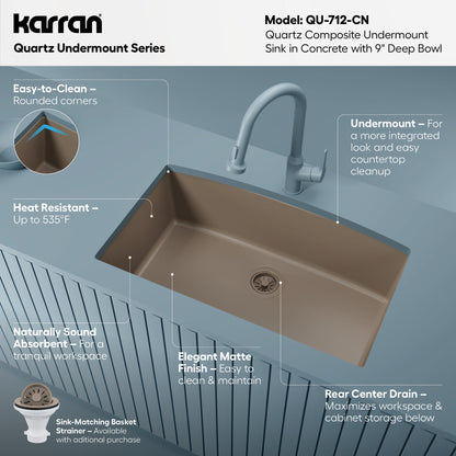 32-1/2" Undermount Large Single Bowl Quartz Composite Kitchen Sink In Concrete