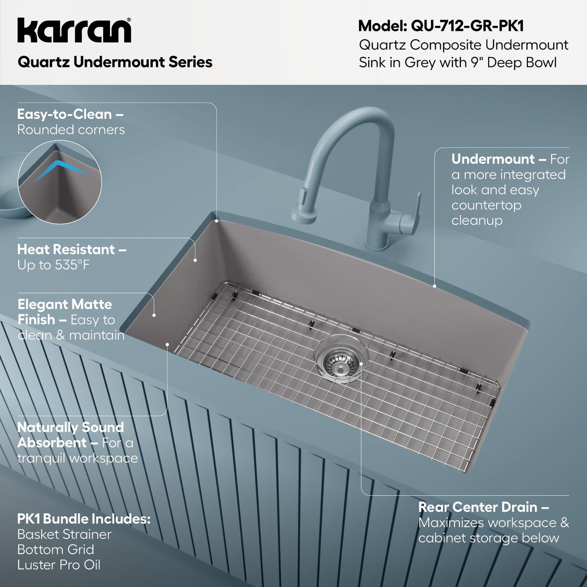 32-1/2" Undermount Large Single Bowl Quartz Composite Kitchen Sink Kit In Grey