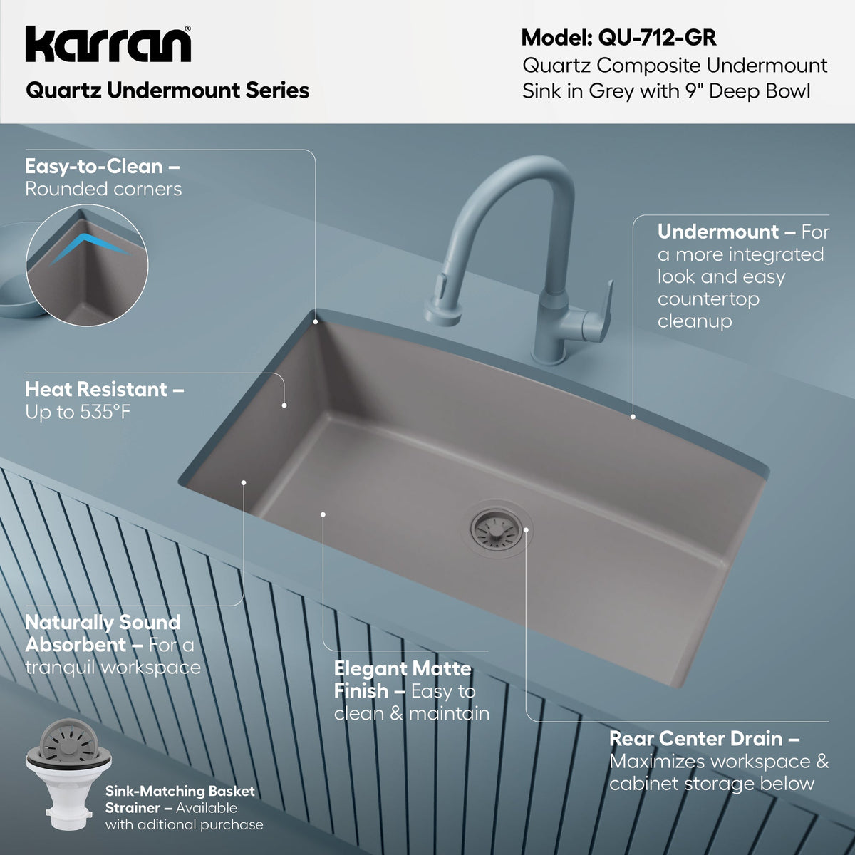 32-1/2" Undermount Large Single Bowl Quartz Composite Kitchen Sink In Grey