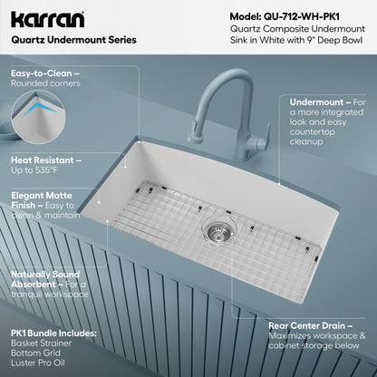 32-1/2" Undermount Large Single Bowl Quartz Composite Kitchen Sink Kit In White
