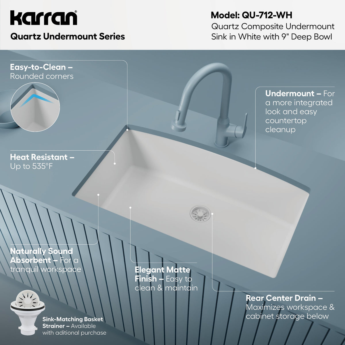 32-1/2" Undermount Large Single Bowl Quartz Composite Kitchen Sink In White